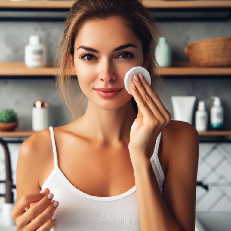 woman with pad on face putting on toner